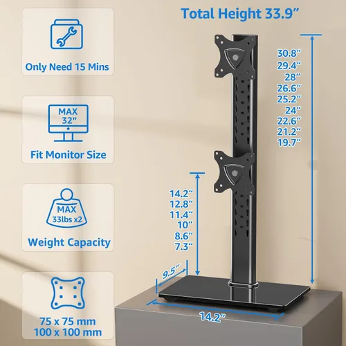 Miniatura 2 de MOUNTUP Soporte Vertical para Monitor Dual, Apila Dos Pantallas de hasta 32 Pulgadas, 14.9 Kg, Soporte de Escritorio Independiente para Monitor