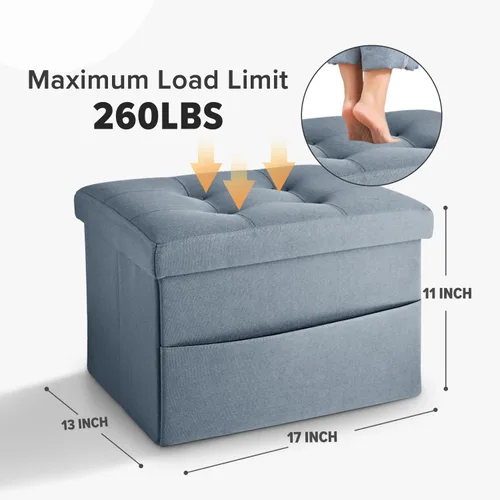 Miniatura 2 de LINMAGCO Otomano de Almacenamiento Plegable con Reposapiés y Bolsillo Lateral Sofá Corto Moderno de Tela de Lino 17x13x13(Azul Niebla)
