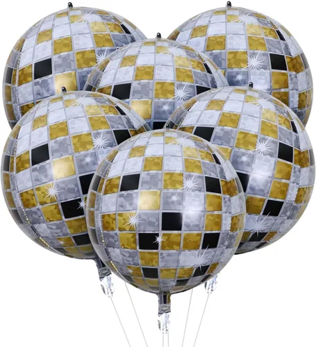 HOUSE OF PARTY Globos de bola de discoteca 4D dorados y negros, 6 unidades, globos de aluminio de Mylar de 22 pulgadas para decoraciones de fiesta
