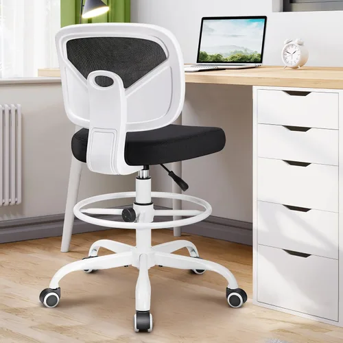 Miniatura 2 de Primy Silla ergonómica de escritorio de pie con respaldo medio sin brazos, silla alta con ruedas de malla, altura ajustable y reposapiés, sala