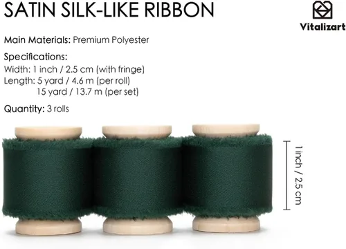 Miniatura 2 de Vitalizart Cinta de satén de seda de 1 pulgada x 15 yardas, carrete de madera verde oscuro, cinta deshilachada hecha a mano para envolver regalos