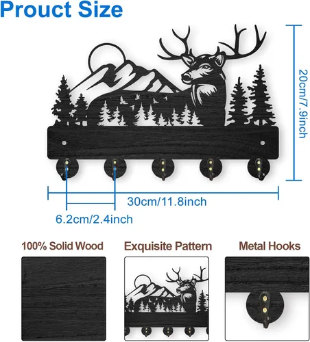 Miniatura 5 de MAYJOYDIY Perchero de pared de madera con 5 ganchos, diseño de ciervo de bosque negro, soporte para llaves y organizador para entrada, pasillo, sala