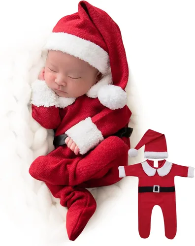 ForBaysy Accesorios de Fotos de Navidad para Bebé Recién Nacido Traje de Sesión de Fotos para Niños y Niñas Disfraz Mono Rojo con Gorro de Navidad