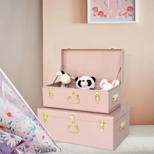 Miniatura 5 de Vixdonos Conjunto de 2 baúles de almacenamiento decorativos de metal – baúl para dormitorio universitario con asa (rosa)
