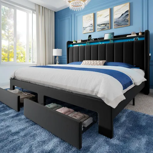 Miniatura 17 de Allewie - Base de cama con plataforma de tamaño Queen, tapizada, con cabecero acolchado con botones verticales, 2 niveles de almacenamiento con Gris