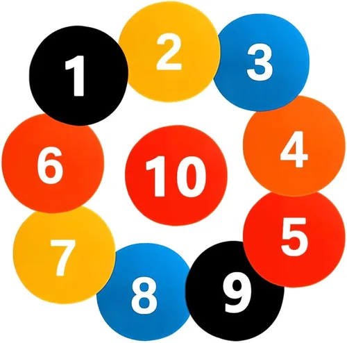 Marcadores de punto numerados de polietileno – 10 puntos antideslizantes de 9 pulgadas (9.1 in) para entrenamiento deportivo, ejercicios de
