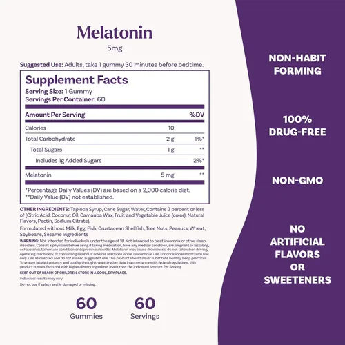 Miniatura 6 de Natrol Melatonina 5 mg, suplemento dietético para un sueño reparador, 60 gomitas con sabor a fresa, suministro para 60 días