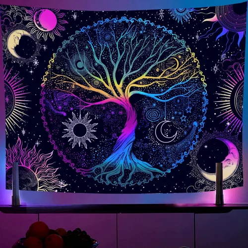 AACKart Tapiz de luz negra para dormitorio - Tapiz espiritual del árbol de la vida que brilla en la oscuridad para colgar en la pared 59.1 x 51.2