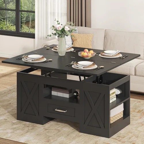 Saudism Mesa auxiliar elevable de 40 pulgadas, mesas auxiliares multifunción 4 en 1 con cajones de almacenamiento y compartimentos ocultos, mesa de