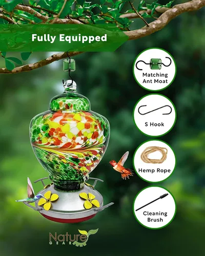 Miniatura 5 de Nature Gear - Comedero para colibríes, comederos de vidrio colgantes para exteriores, comedero de vidrio soplado a mano con foso para hormigas