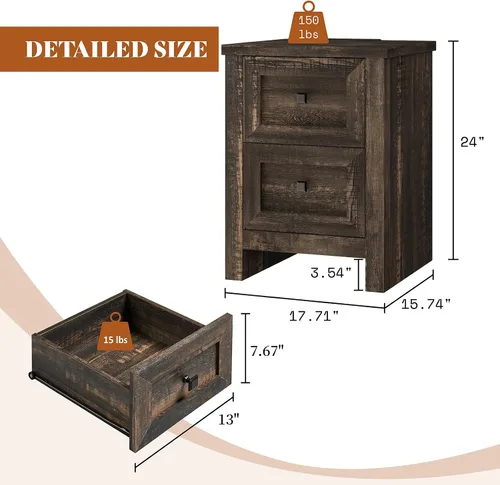 Miniatura 2 de AMERLIFE Juego de 2 mesitas de noche con estación de carga, mesita de noche rústica con cajones de almacenamiento, mesita de noche de madera