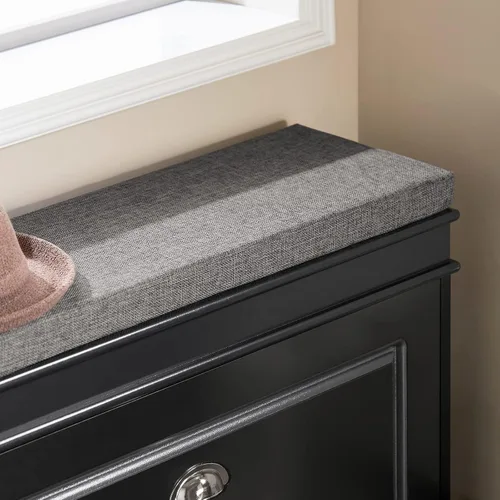 Miniatura 7 de SoBuy pequeño banco de almacenamiento de zapatos, zapatero negro estrecho para entrada, estante para zapatos con cojín y 2 niveles de cajón