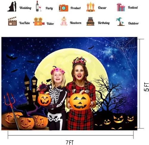 Miniatura 3 de CHAIYA Telón de fondo de Halloween de 7 x 5 pies Jack O'Lantern calabaza linterna naranja noche luna murciélago araña telaraña cementerio valla