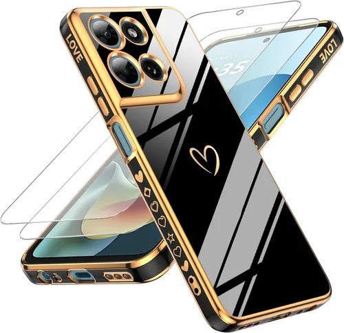LeYi for Moto G 5G 2025 Case: with Tempered Glass Screen Protector [2 Pcs]+ Full Camera Lens Protection,Love Heart Plating Cute Luxury Soft TPU