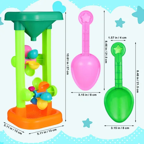 Miniatura 4 de Rueda de agua de arena: reloj de arena de juguete de playa para niños, doble embudo giratorio, torre de derrame con palas para patio trasero, caja