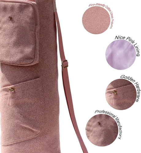 Miniatura 2 de ESVAN Bolsa para esterilla de yoga con múltiples bolsillos. Bolsa de transporte con cordón para esterilla de yoga, Pilates, ejercicio. Bolsa de Lino