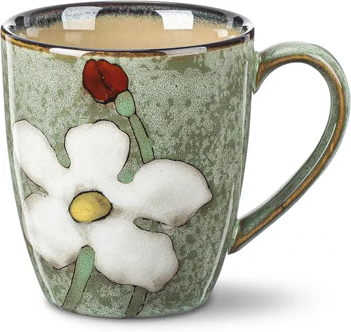 Maxdot Juego de tazas de café de cerámica de 12 onzas, proceso de acristalamiento, taza de capuchino, tazas de té de cerámica floral, regalo para el