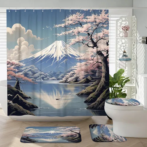 Miniatura 32 de Cortina de ducha japonesa Fuji Mountain de cerezo asiático, cortina de ducha con diseño de anime, decoración de baño, tela de poliéster, 62 x 72 Azul