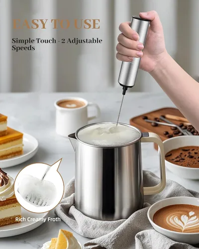 Miniatura 5 de INFOOD Espumador de leche recargable con tapa, varita espumadora de café, mezclador de bebidas de mano con 2 batidores desmontables de acero