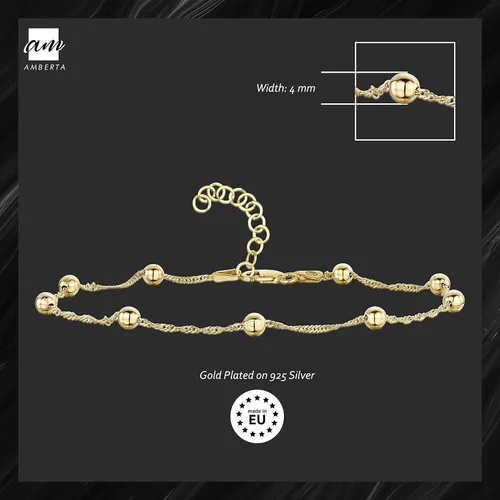 Miniatura 3 de Amberta 18K Gold Plated on 925 Sterling Silver Adjustable Anklet - Classic Chain Ankle Bracelets - 9 to 10 inch - Flexible Fit
