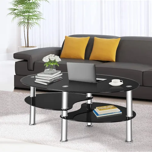 Miniatura 7 de Moccha - Mesa de centro de cristal, 3 niveles, moderna mesa de té ovalada de vidrio liso con amplio escritorio de vidrio y patas cromadas