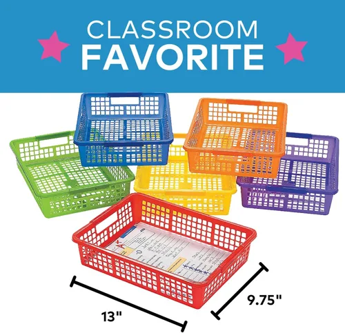 Miniatura 2 de Fun Express Contenedores apilables de almacenamiento de 13 x 9.75 x 3 pulgadas, paquete de 6 cestas de almacenamiento de plástico coloridas con asas
