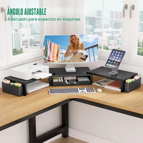 Miniatura 4 de OPNICE Soporte elevador de monitor doble con cajón y 2 soportes para bolígrafos, organizador de escritorio para suministros de oficina, soporte