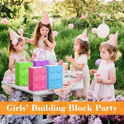 Miniatura 6 de PerKoop 24 bolsas de bloques de construcción, bolsas de papel para dulces de ladrillos, bolsas de regalo de fiesta con asa para niñas, bloques