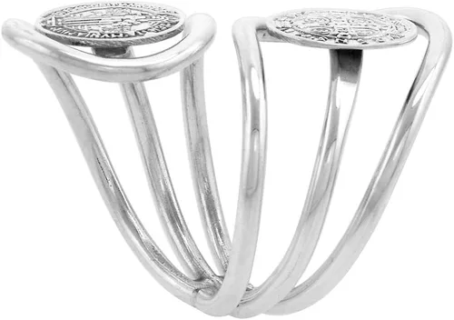 Miniatura 3 de Anillo de plata de ley San Benito para mujer, envuelto en alambre, 2 medallas Bypass hecho a mano de 1 1/4 pulgadas de largo, tallas 6-10
