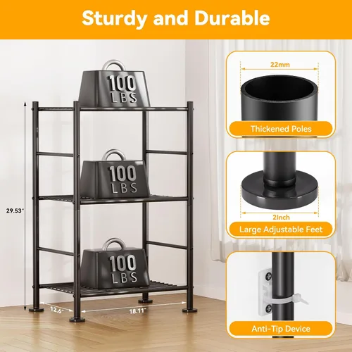 Miniatura 3 de BolDuck Estante organizador de estantes de 3 niveles, estantería de metal con patas niveladoras ajustables, estantes de almacenamiento que ahorran