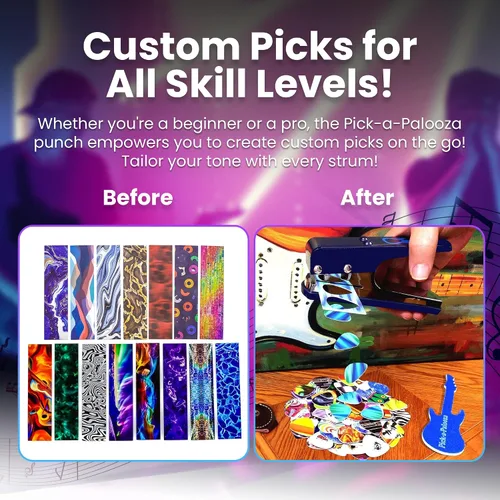 Miniatura 5 de Gran kit de Pick-a-Palooza para hacer tus propias púas para guitarra, para regalo. Dispositivo prémium para fabricar púas. Cadena de cuero porta