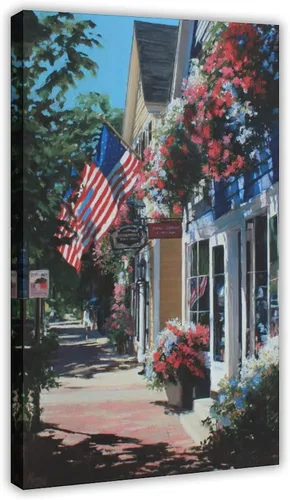 JDBeehpy 1pcs Framed American Flag Wall Art Patriotic Poster Printing July 4th Patriotic Wall Decoration Street View Flower Painting Farmhouse