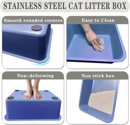 Miniatura 4 de Caja de arena de acero inoxidable para gatos, caja de arena metálica de alta cara, bandeja abierta extragrande, a prueba de óxido, antiadherente