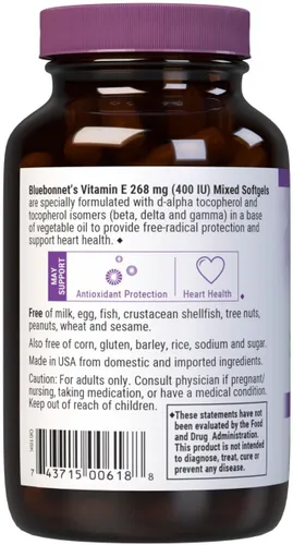 Miniatura 3 de Bluebonnet Nutrition Vitamina E 400 UI (268 mg) Cápsulas blandas mixtas de tocoferoles, portección de radicales libres y soporte cardiovascular, sin