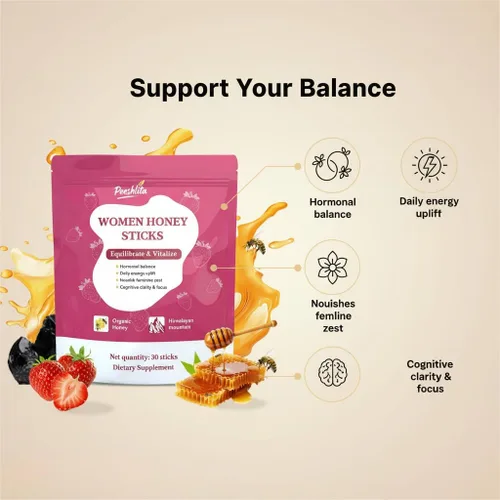 SHE-Lajit Honeysticks | Shilajit para mujer - Shatavari y azafrán para equilibrio hormonal y energía | Sabrosos palitos de miel Shilajit con