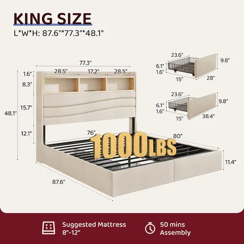 Miniatura 2 de BRELTAM Base de cama tamaño King con 6 cajones de almacenamiento, plataforma tapizada de lino con estación de carga y luces LED, diseño de cabecera