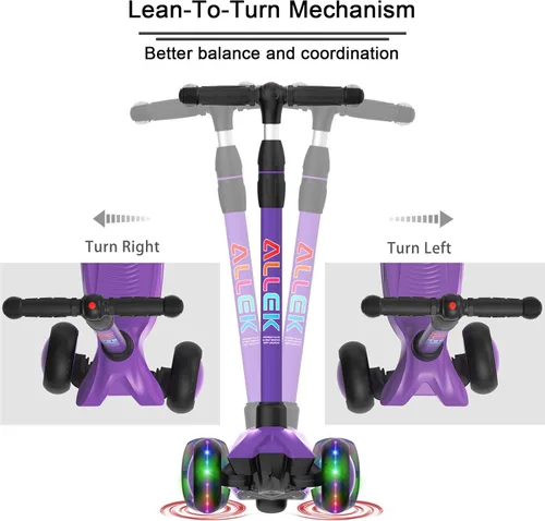 Miniatura 5 de Allek - Kick Scooter B03. Monopatín de 3 ruedas de Poliuretano iluminadas, extra anchas con sistema inclinable y deslizante (Lean 'N Glide), Morado