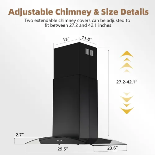 Miniatura 4 de JOEAONZ Campana extractora isleña negra de 30 pulgadas, 700 CFM, campana de ventilación de cocina de acero inoxidable con conductos/sin conductos