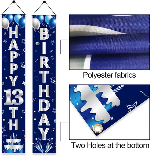 Miniatura 3 de Turypaty Cartel azul plateado para puerta de cumpleaños número 13, pancarta de feliz cumpleaños 13 para niños, suministros de fiesta de cumpleaños