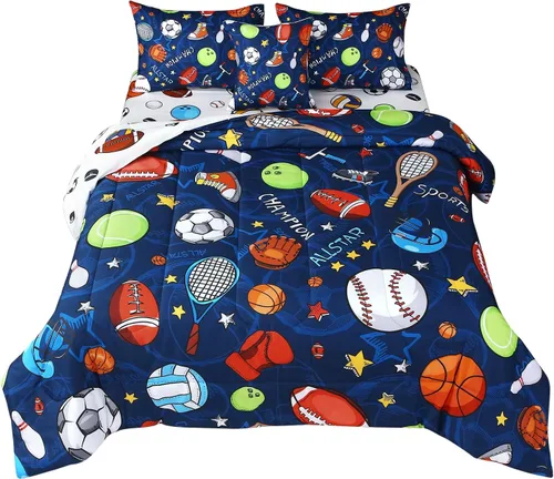 Miniatura 8 de JQinHome Juego de edredón deportivo para niños tamaño individual, cama de 6 piezas en una bolsa para niños y adolescentes, ropa de cama