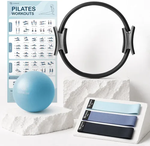 Miniatura 11 de LIONSCOOL Juego de Anillo de Pilates – Círculo Mágico Antideformación de 14 pulgadas con Asas Acolchadas, Mini Pelota, Bandas de Resistencia, Guía
