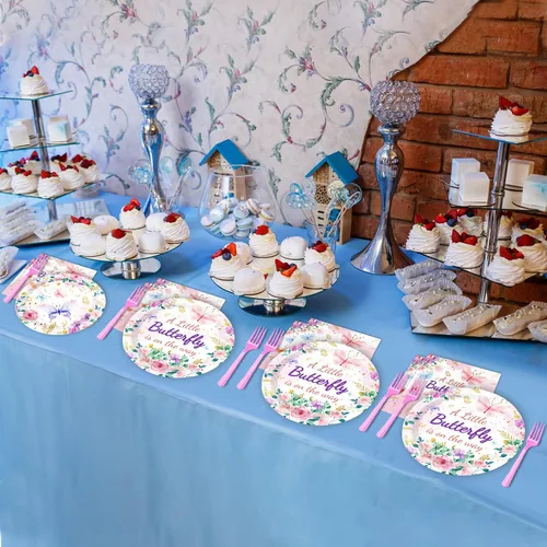 Miniatura 6 de 96 piezas de suministros para fiesta de baby shower con mariposas, una pequeña mariposa está en camino, platos de papel, servilletas, decoración