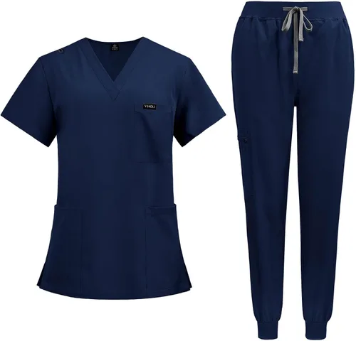 VIAOLI Conjunto de ropa quirúrgica clásica con cuello en V y pantalón deportivo de yoga, uniforme médico de enfermería para mujer, conjunto de