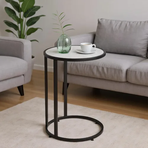 Mesa auxiliar redonda en forma de C, mesa auxiliar deslizante debajo del sofá con parte superior de madera, mesa auxiliar de café para laptop, sala