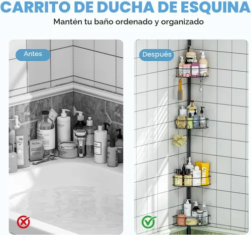 Miniatura 7 de Poste de tensión de esquina para ducha, estantes organizadores de baño ajustables de 4 niveles, almacenamiento interior de ducha con gancho oculto
