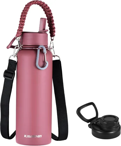 Miniatura 37 de KXIAOCHEN Botella de agua aislada, botella de agua de acero inoxidable, 2 tapas (con pajilla y tapa con asa), botellas de agua metálicas de boca