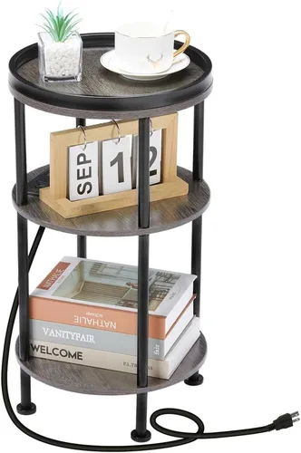 Miniatura 22 de Mesa auxiliar redonda pequeña con estación de carga para espacios pequeños, mesa decorativa de 3 niveles con puertos USB y tomas de corriente, mesa