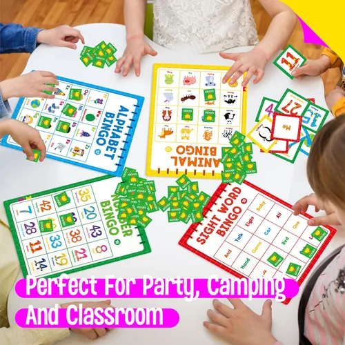 Miniatura 2 de Juego de Bingo Familiar, Alfabeto, Animales, Palabras Visuales y Números, Juego de Mesa Educativo Clásico para Habilidades de Contar y Emparejar
