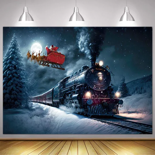Miniatura 2 de Fondo de fotografía de tren de Navidad, tren nocturno de invierno, Papá Noel, fondo fotográfico para Navidad, Año Nuevo, fiesta infantil