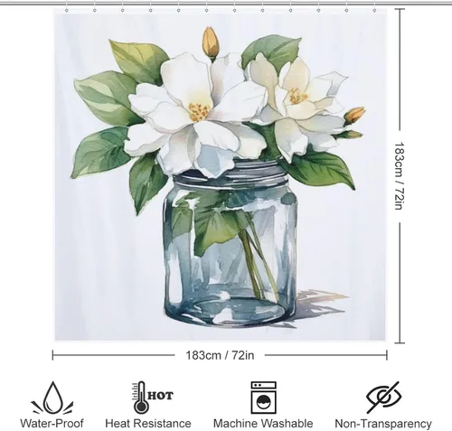 Miniatura 6 de YLATY3027 - Cortina de ducha con estampado de flores y flores para baño, juego de cortina de ducha bohemia con hojas verdes y flores blancas, tela
